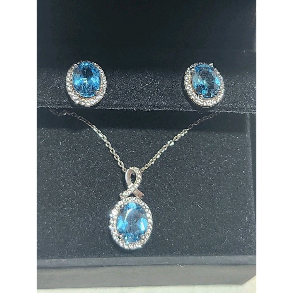 Halo Earrings & Necklace Jewlery Set. Swiss Blue Topaz Sterling 925. Brand New
